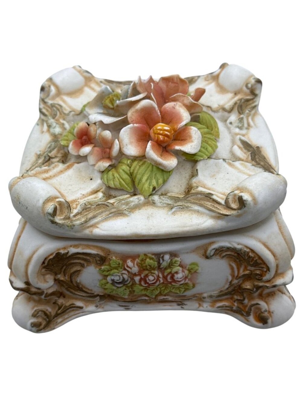 Vintage Porcelain Trinket Box Floral Lidded Footed Bisque Italian Style FLAWED